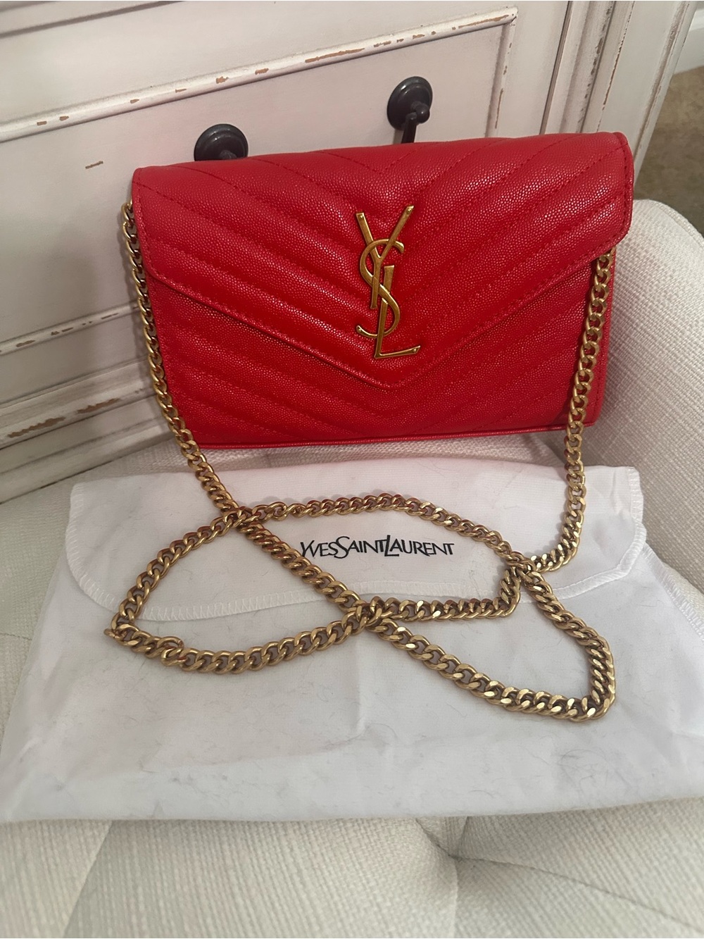 Yves Saint Laurent Red Quilted Leather Crossbody or Envelope Clutch with Gold YS